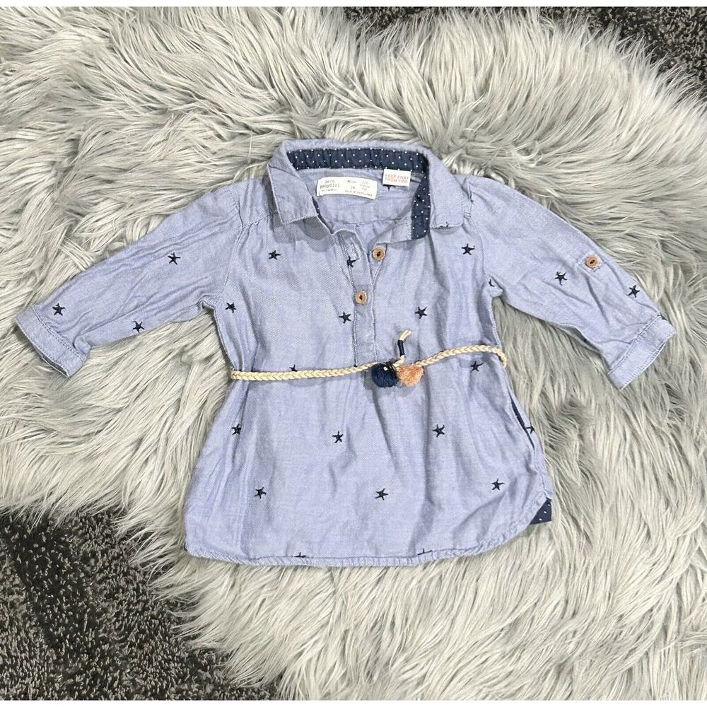 Zara Baby Girl Chambray Dress With Belt Size 3/6‎ Months